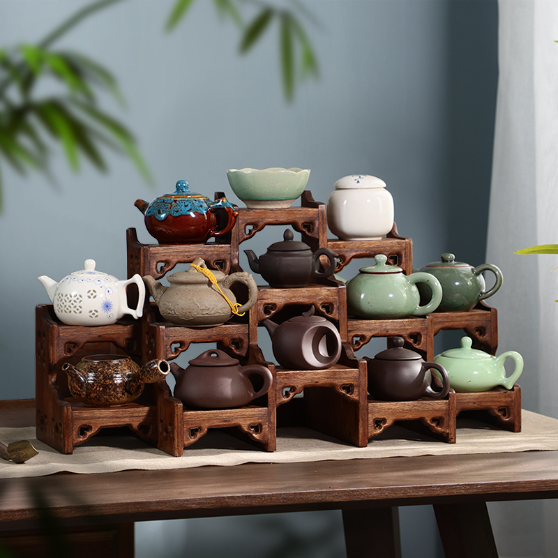 Solid wood desktop small antique shelf teapot teacup display stand tea ...