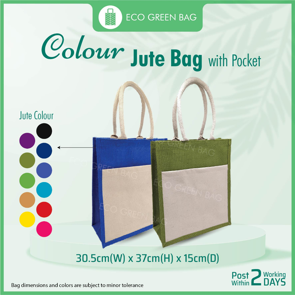 Jute Bag Medium with Laminated Canvas Pocket A4 Beg Jute Medium dengan