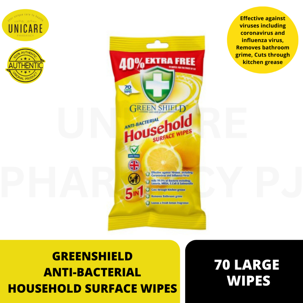 GREENSHIELD ANTIBACTERIAL HOUSEHOLD SURFACE WIPES 70 LARGE WIPES