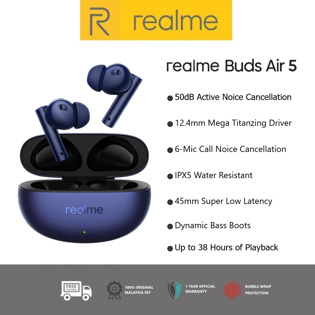 realme Buds Air 5 with 50dB ANC, 12.4mm Dynamic Bass Driver and upto 38  hours Playback Bluetooth Headset Price in India - Buy realme Buds Air 5  with 50dB ANC, 12.4mm Dynamic