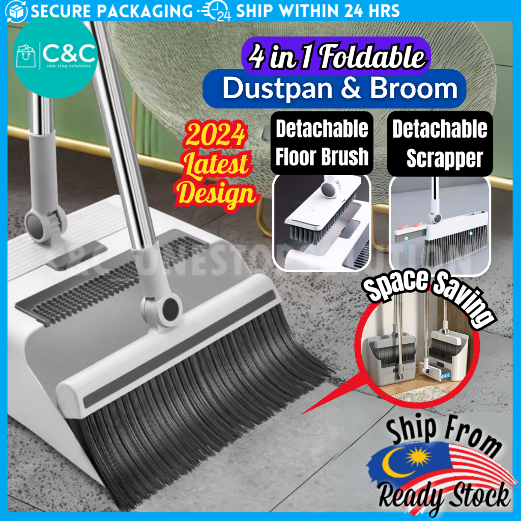 [2024 NEW DESIGN] 4 in 1 Foldable Broom Dustpan Set Broom Set Water