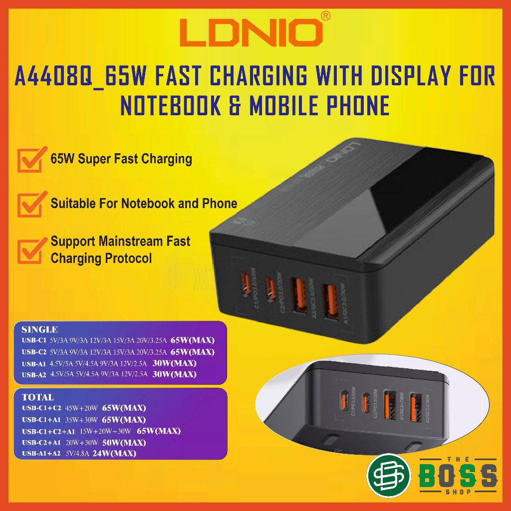 LDNIO A4808Q 65W Two PD TypeC and Two QC3.0 Super Fast Charging Desktop Mobile Charger For