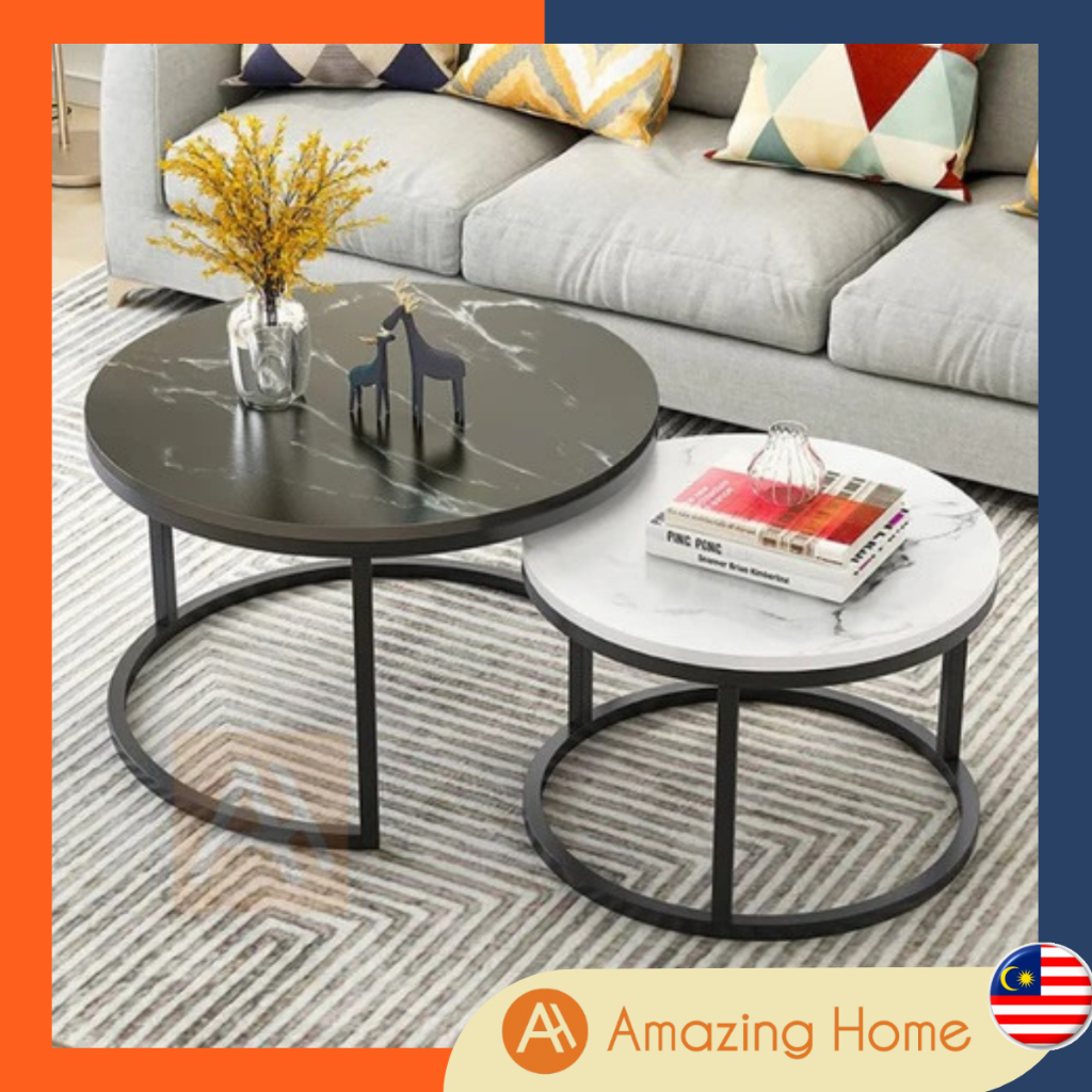 AmazingHome Coffee Table 2 In 1 Set Marble Pattern Modern Nordic