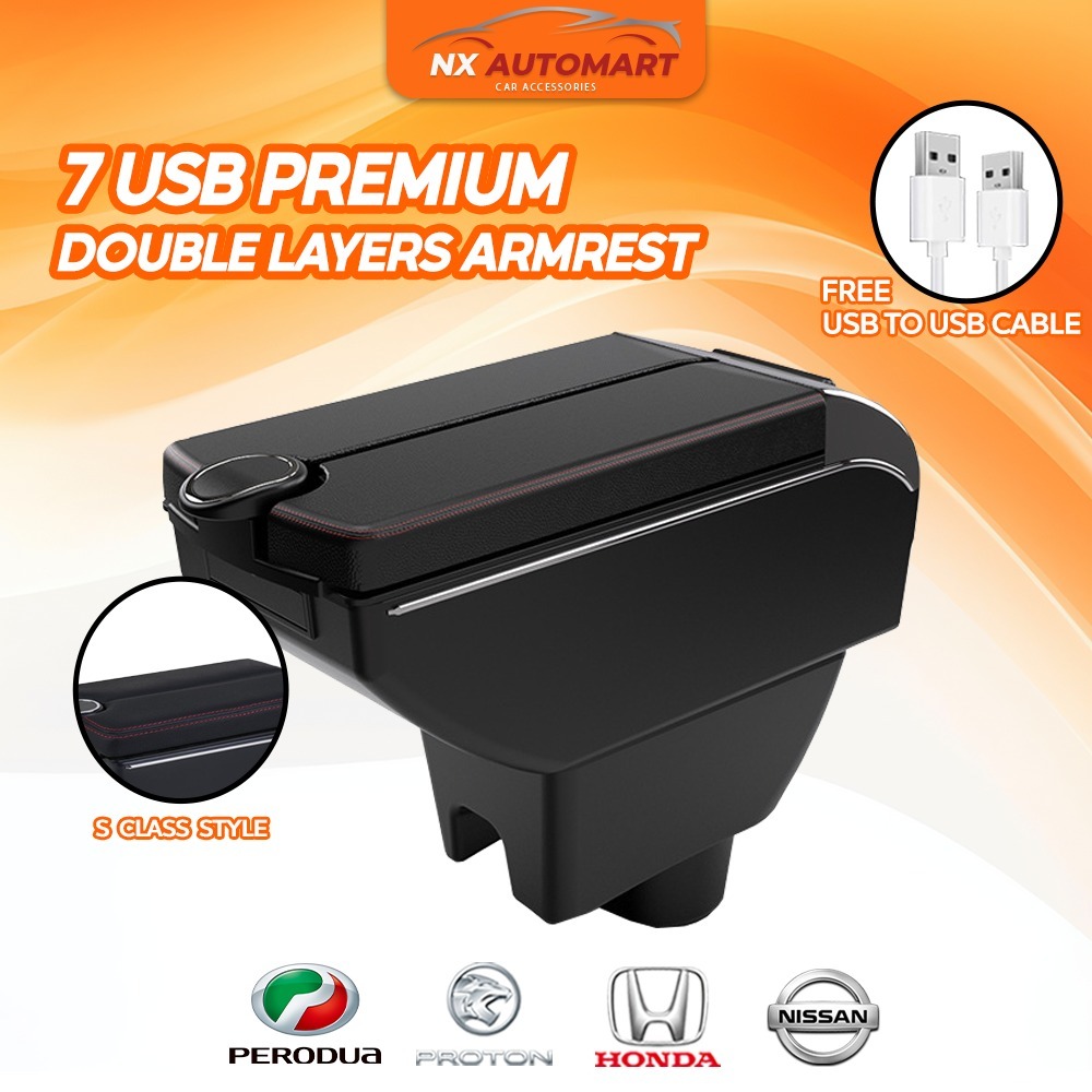 7USB Double Layers Armrest Adjustable Cup Holder Arm rest Perodua Axia ...