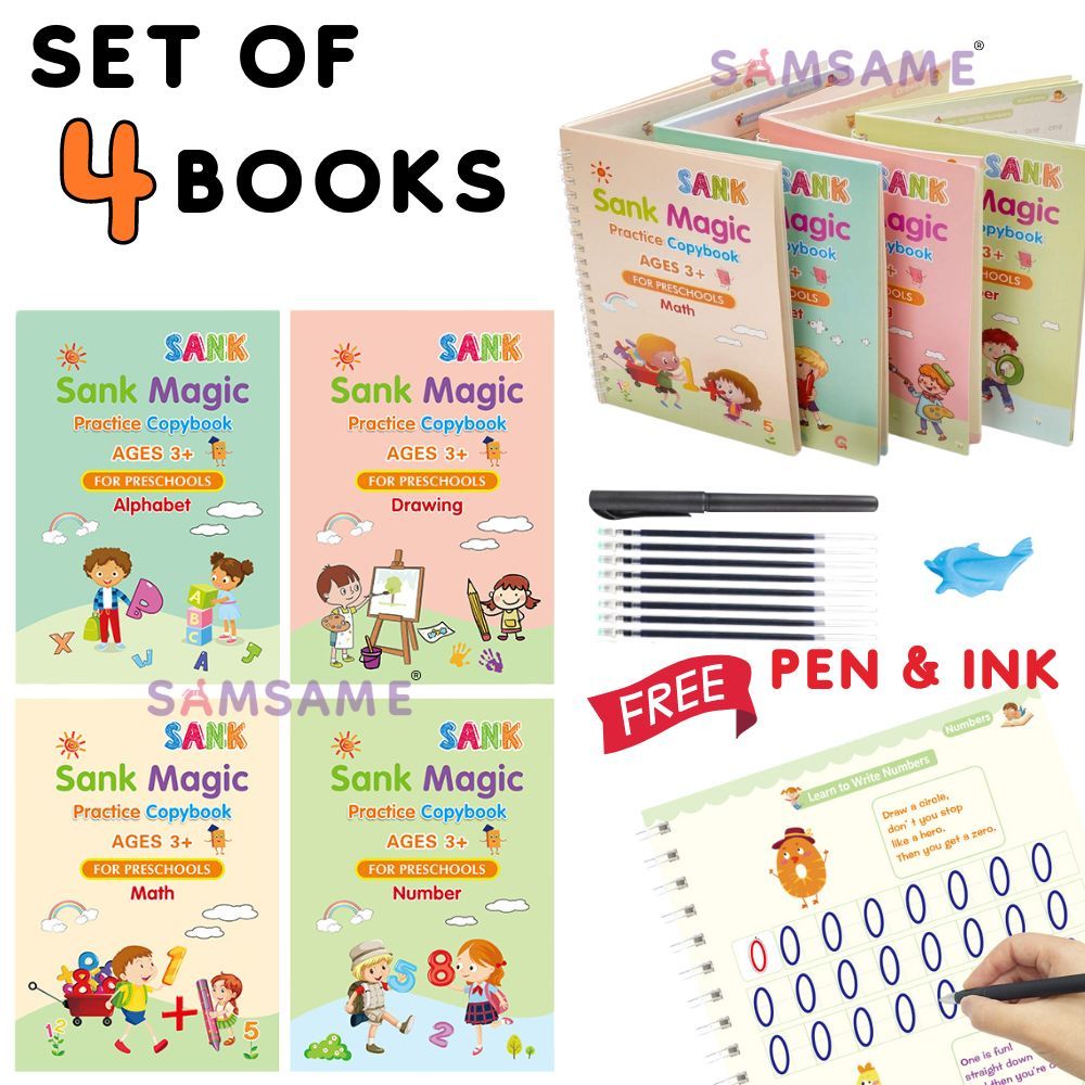 4 Books Reusable Magic Write Book Rewritable Kids Practice Writing Buku ...