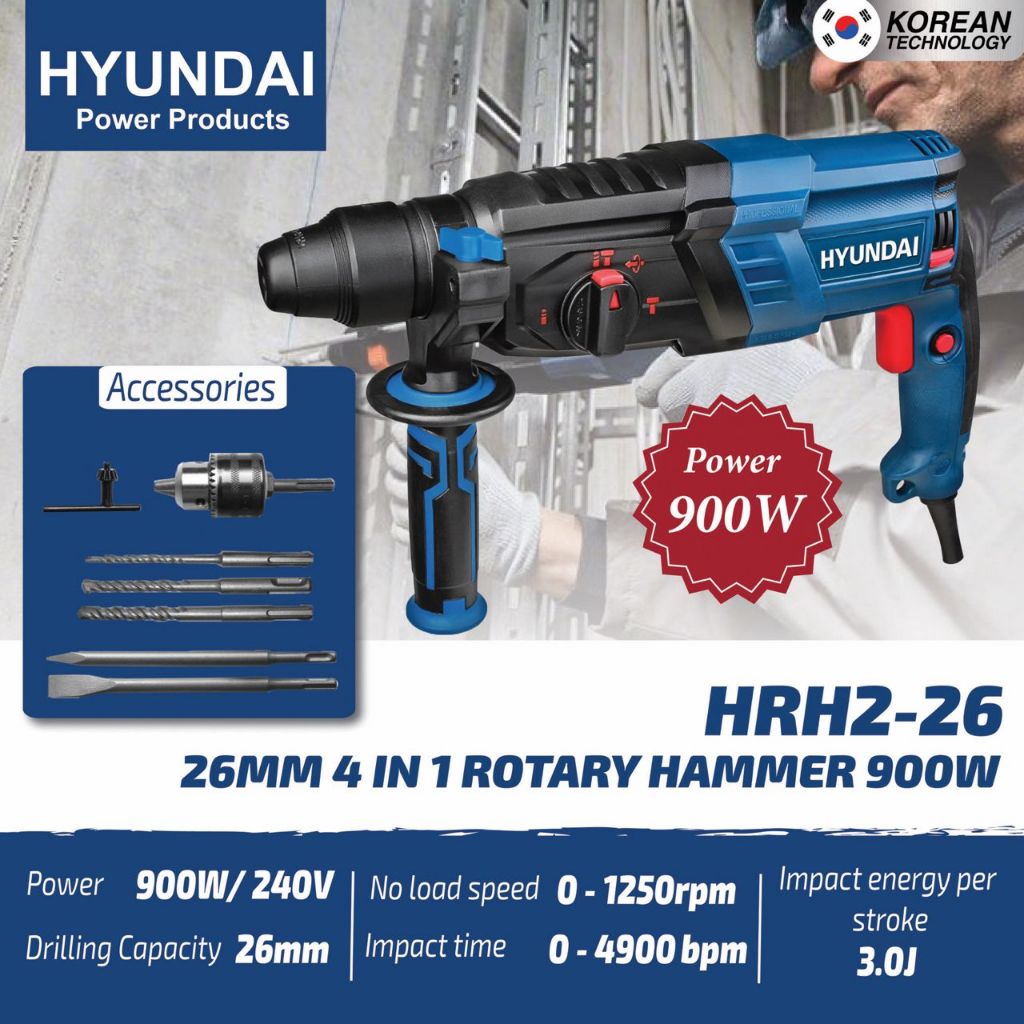 HYUNDAI 2 26 26MM 4 IN 1 ROTARY HAMMER DRILL 900WATT Shopee Singapore