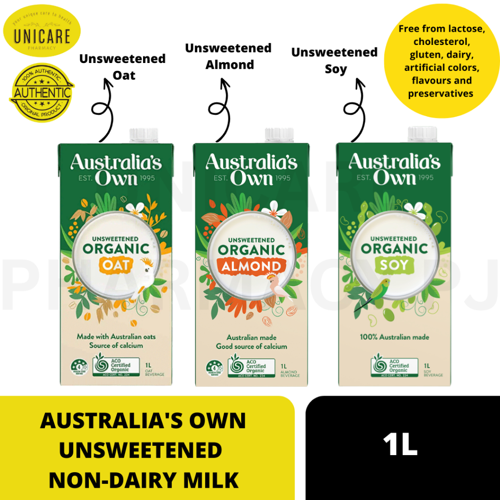 AUSTRALIA'S OWN UNSWEETENED ORGANIC (OAT/ALMOND/SOY) MILK 1L. Free from