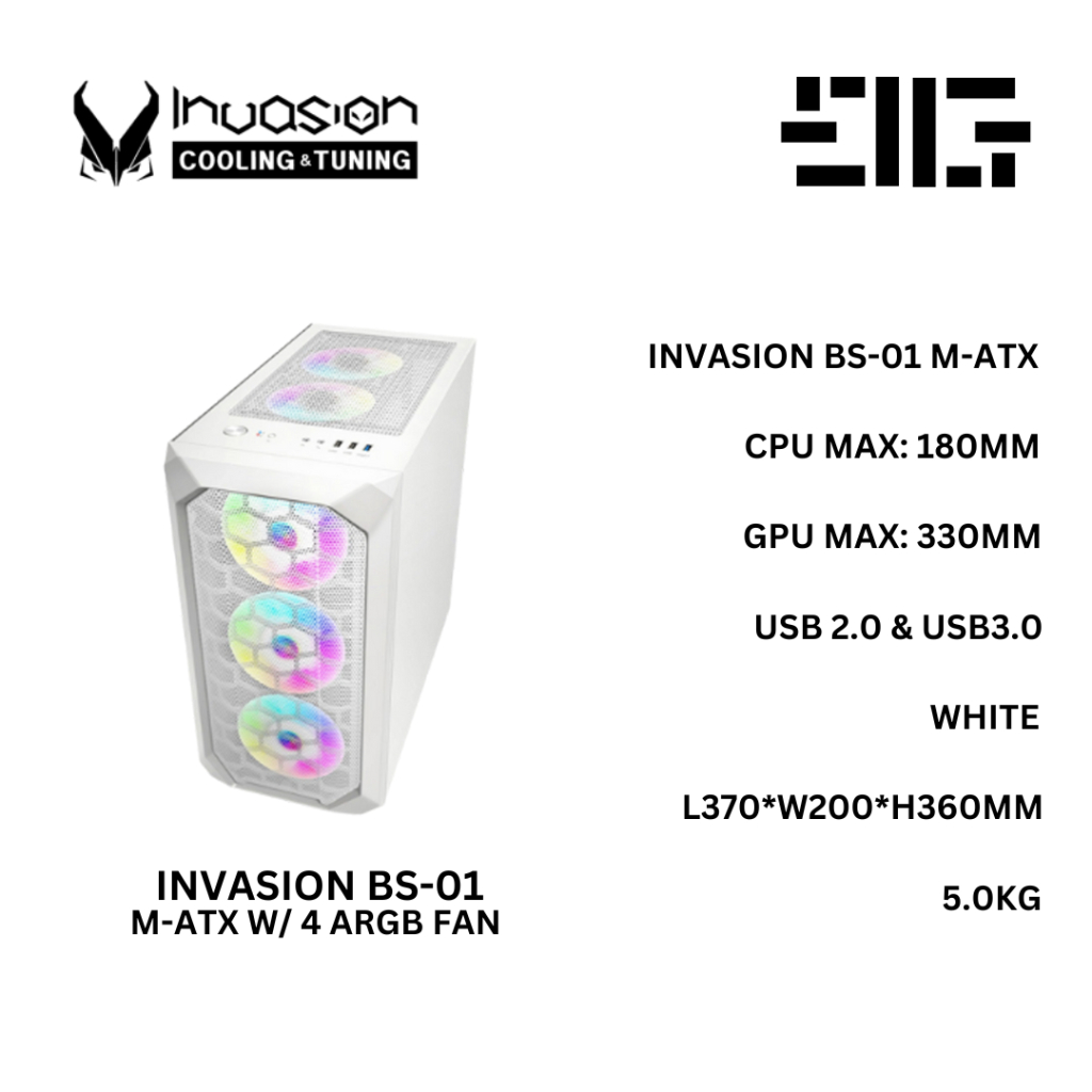 [GGC] INVASION BS-01 M-ATX PC CASE CASING W/ 4 ARGB FAN / WHITE ...