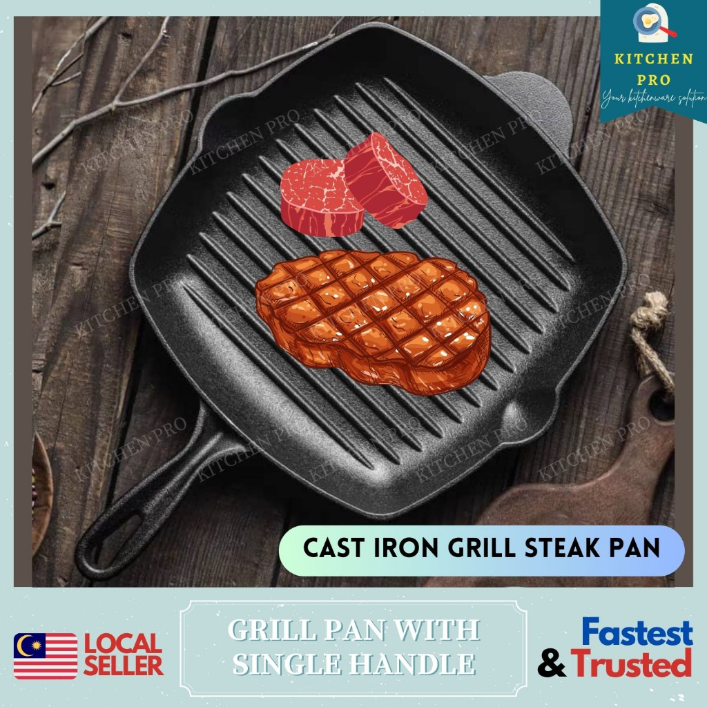 KITCHEN PRO | Cast Iron Grill Steak Frying Pan Single Handle / Floating ...