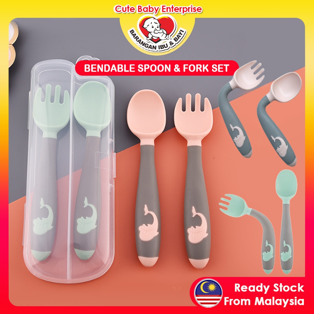 Baby Bendable Twist Feeding Spoon & Fork Set Kid Soft Learning Training ...