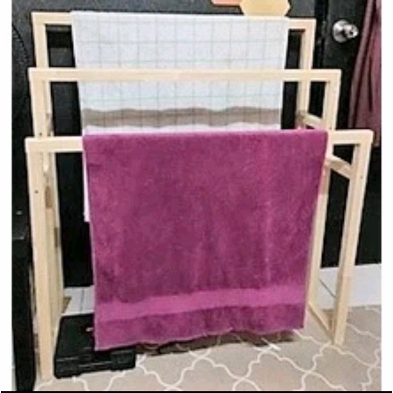 Wooden Towel Rack 3 level Rustic Stand Rak Kayu Tuala Telekung Sejadah ...