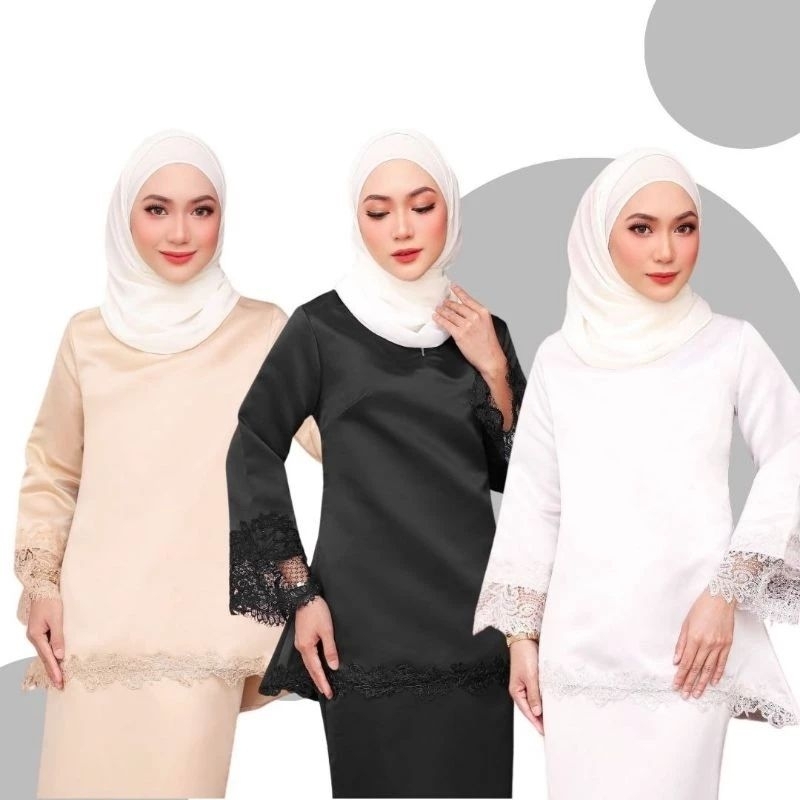 Sabah!!️ Baju Raya 2024 Kurung Moden Lace Satin Jeslene Khaki Grey 