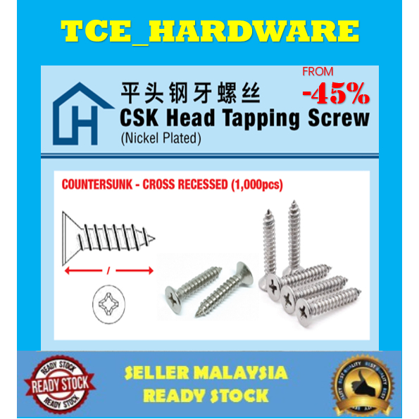 10pcs CSK Phillips Flat Head Self Tapping Screw Harden Steel Nickel