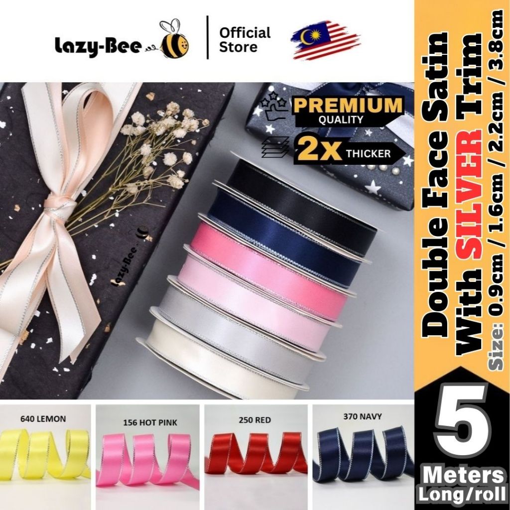 LAZY BEE 5 meters Silver Trim Premium Double face Satin Ribbon Wedding ...