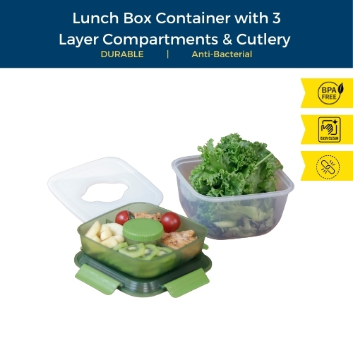 Super Lock Lunch Box Container with 3 Layer Compartments & Cutlery ...