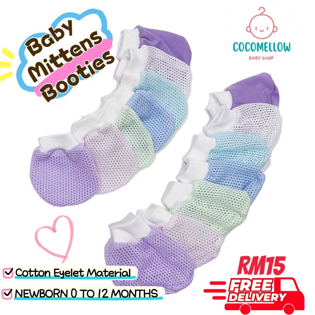 COCOMELLOW | Baby Mittens & Booties Set | Cotton Eyelet Cooling ...