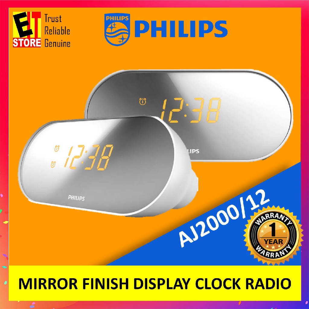 PHILIPS AJ2000/12 MIRROR FINISH DISPLAY CLOCK RADIO with DUAL ALARM / FM / DIGITAL TUNING