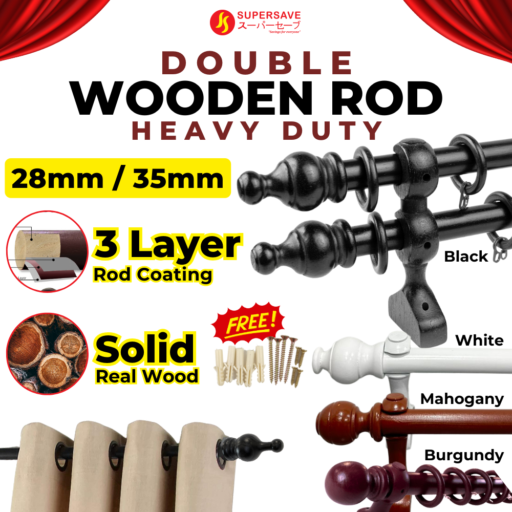 SUPERSAVE Double Wooden Rod Solid Wooden Curtain Rod Batang Langsir