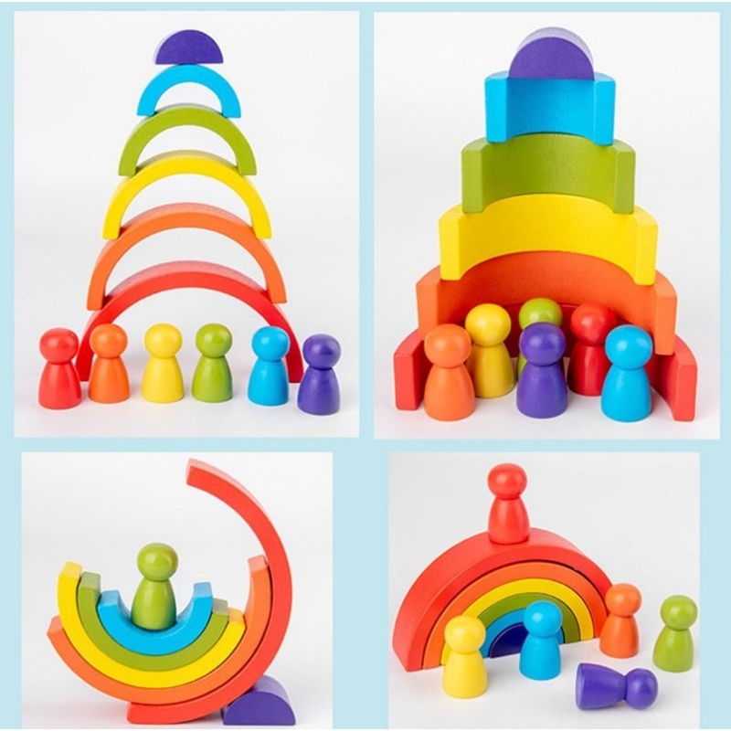 Mini 6 Rainbow Color Wooden Montessori Block Stacking Color Sorting ...