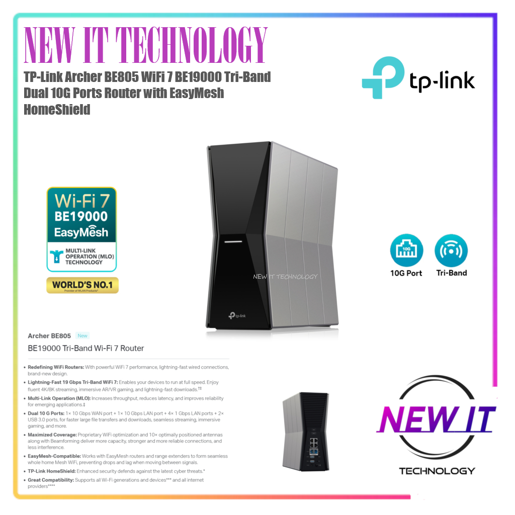 TP-Link Archer BE805 WiFi 7 BE19000 Tri-Band Dual 10G Ports Router