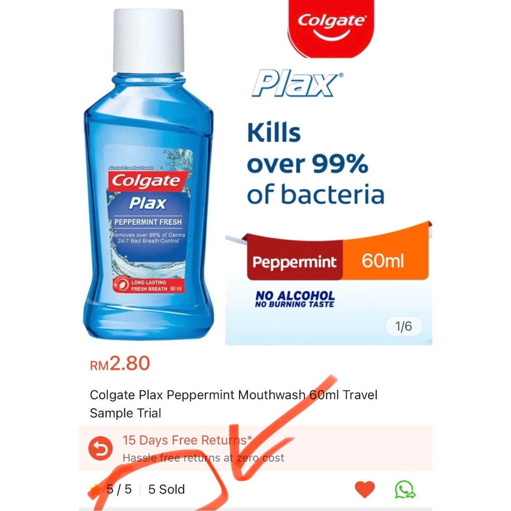 Colgate Plax Peppermint Mouthwash 60ml Travel Sample Trial | Shopee ...