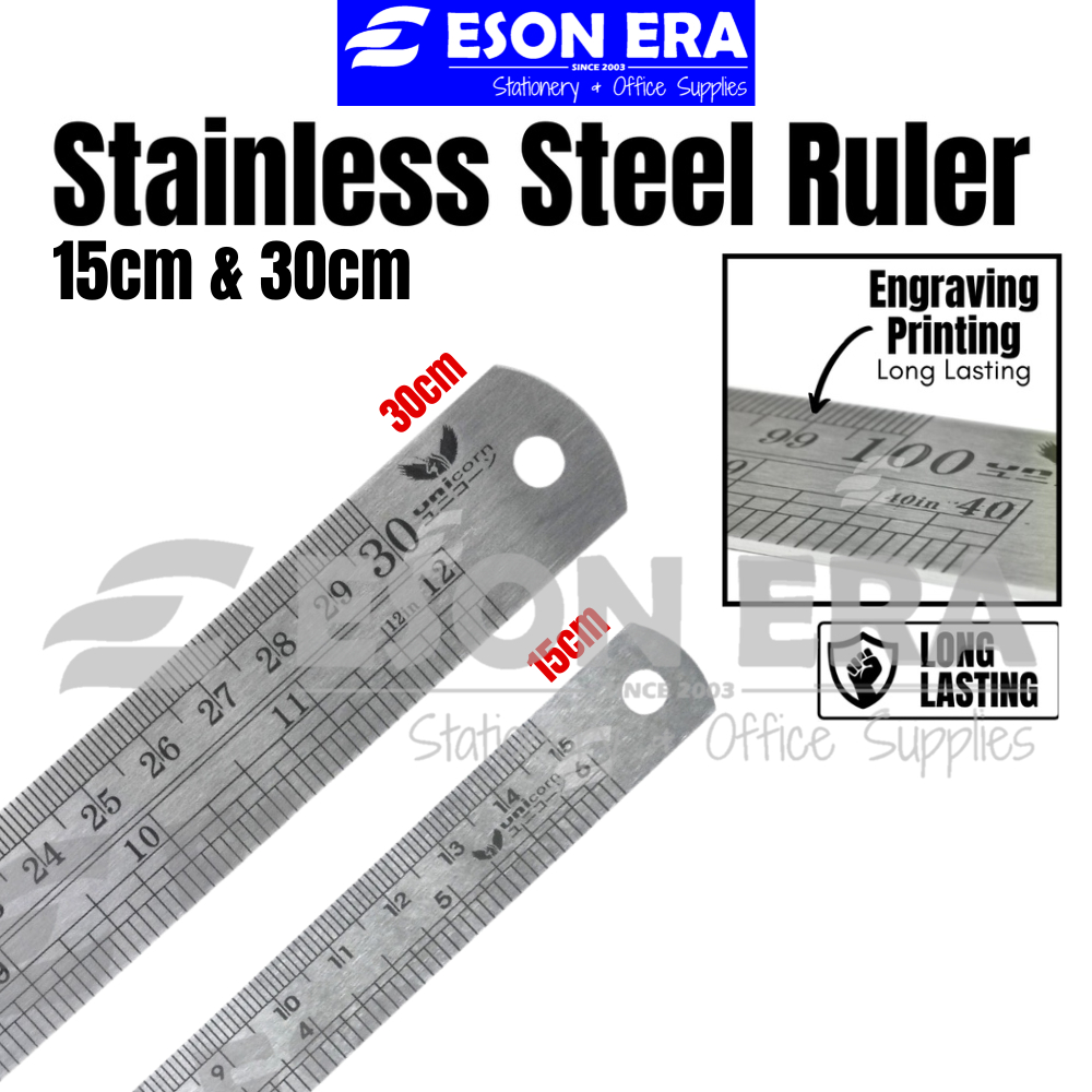 Unicorn Stainless Steel Ruler 15cm 6inch & 30cm 12inch Metal Ruler ...