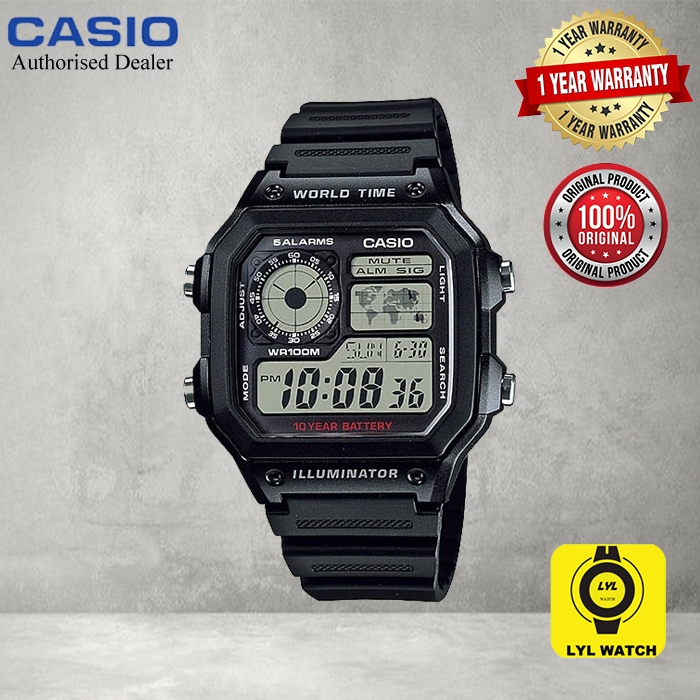 Casio AE 1200WH 1A Digital Sports Men Square Classic Design 1 year marco warranty Shopee Singapore