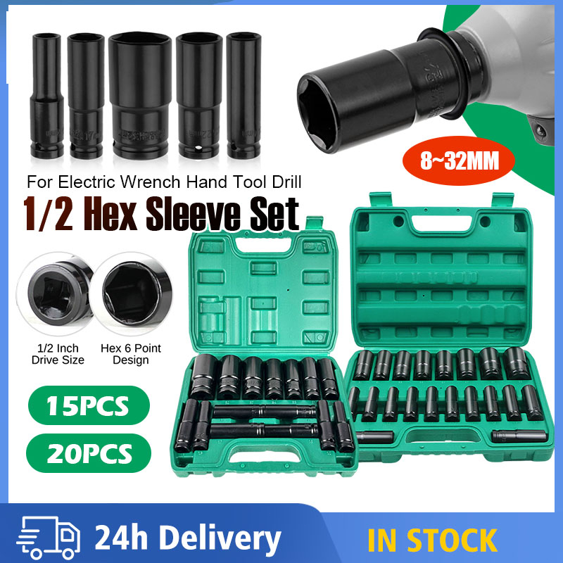 15/20PCS 1/2“ Long Impact Socket Set Black Deep Box Set Tool Set Socket ...