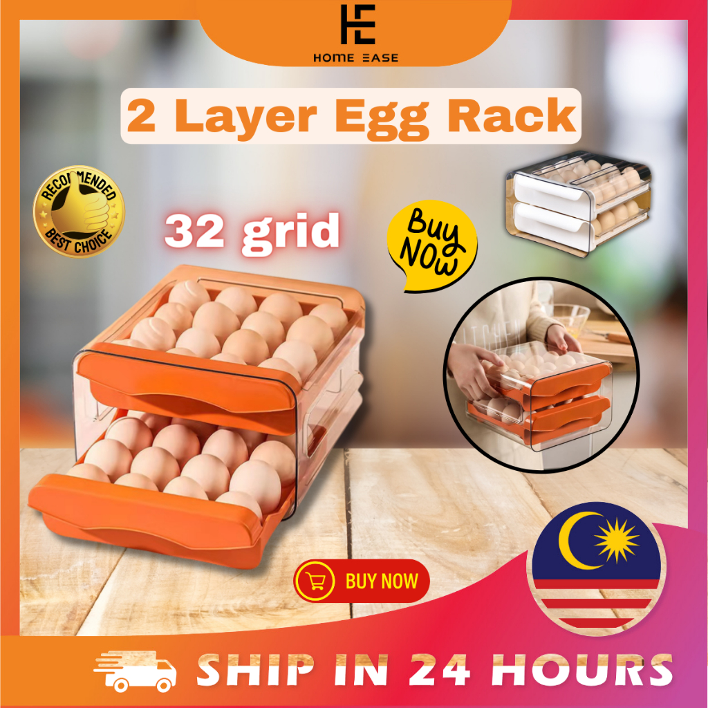 32 Grid Double Layer Egg Storage Box Container Stackable with Drawer ...
