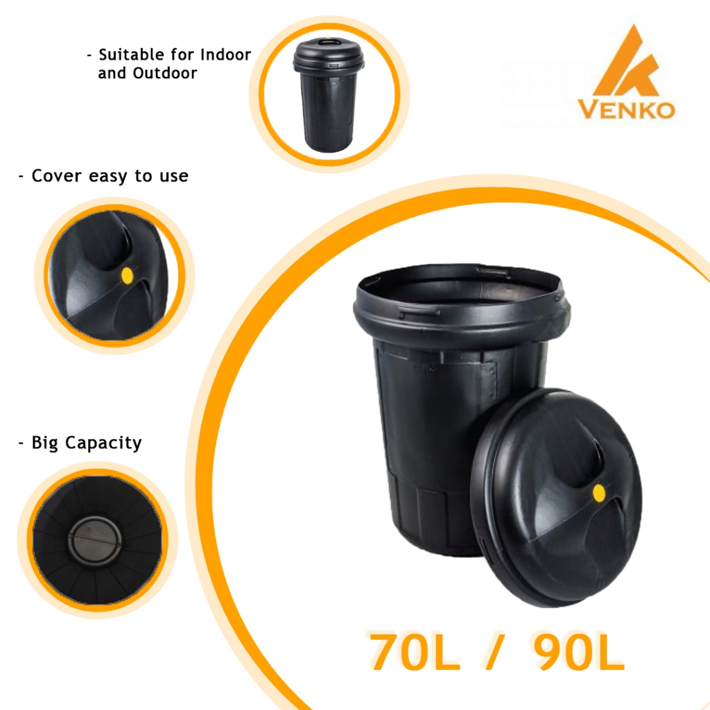 [70L / 90L] Fibre Dustbin / Black Round Garbage Bin / Tong Sampah Fiber ...