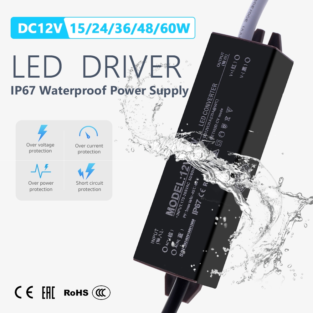 IP67 Waterproof LED Driver Adapter DC12V Output Power Supply 15W 24W ...