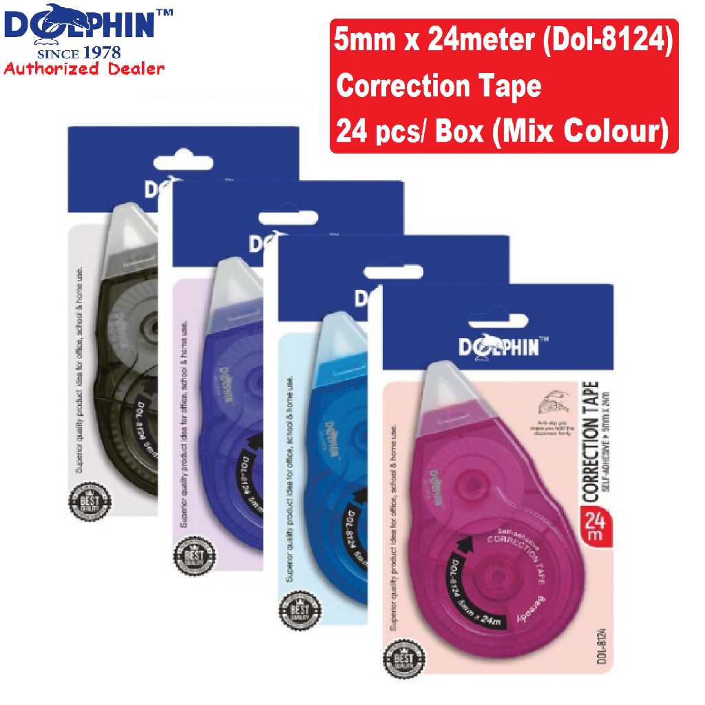DOLPHIN DOL-8124 Correction Tape | 24 Meter I 24 pcs per Box I Mix ...