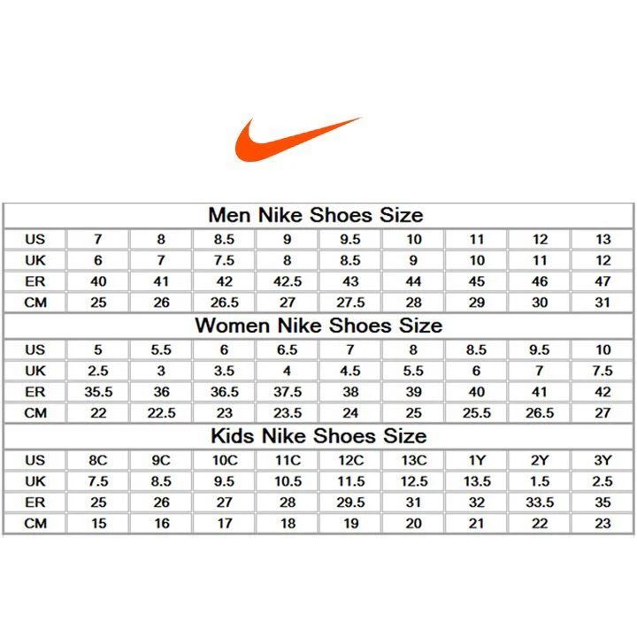 Nike size chart shoes men store
