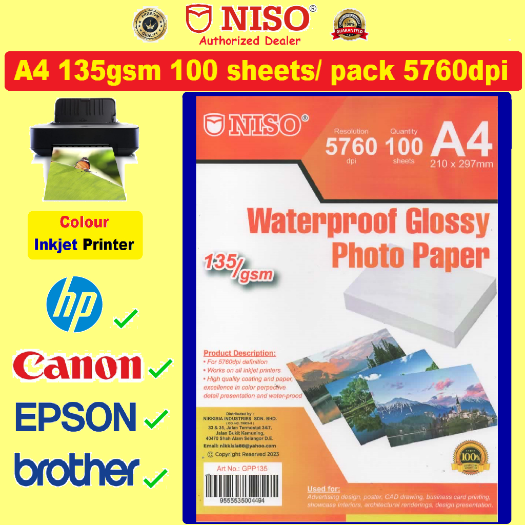 NISO Waterproof A4 Glossy Photo Paper 135gsm 5760dpi 100 sheets Can use ...