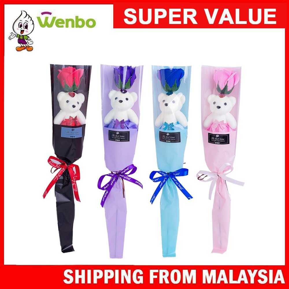 Wenbo Cute Little White Teddy Bear Rose Soap Flower Bouquet Valentine's ...