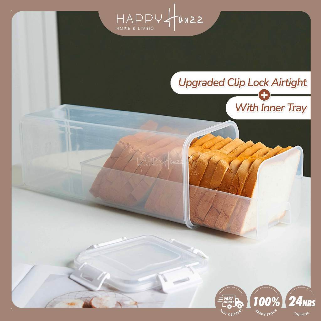 HAHO Bread Container (Clip) Airtight Lock With Inner Tray Easy Fit Food ...