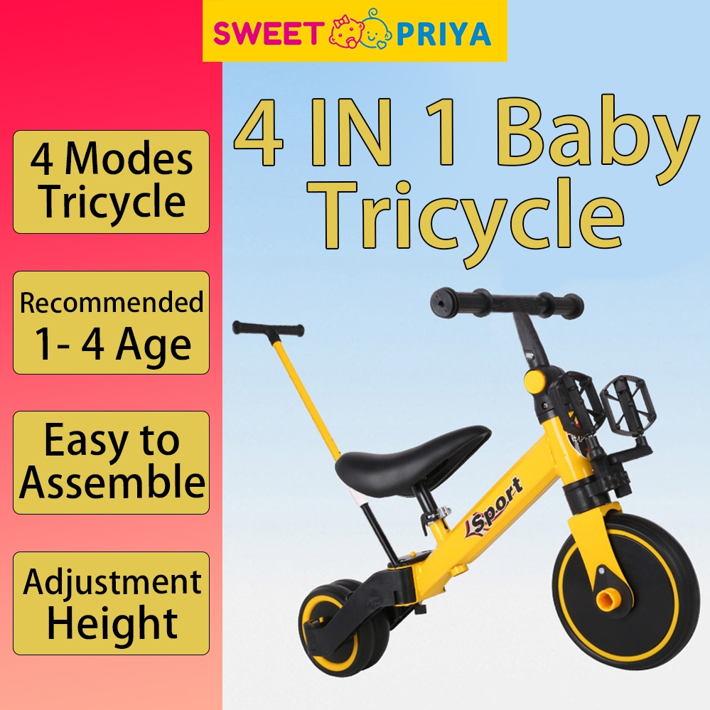 4 in 1 Baby Tricycle With Push Handle Kids Bycycle Stroller Bicycle Toddler Balance Bike Budak Basikal Untuk Kanak Kanak Shopee Singapore