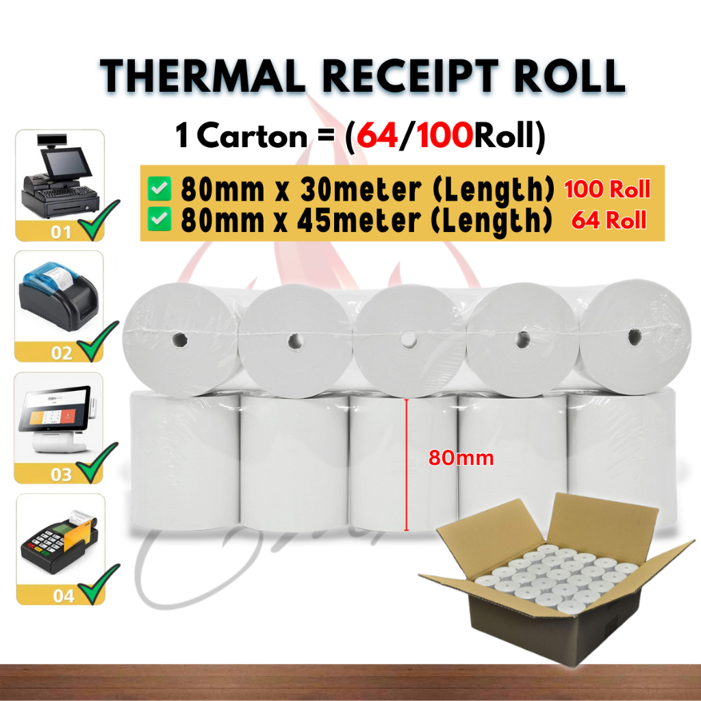 Coreless Thermal Receipt Roll 80mm x 30m/45m /收银纸 / Cashier Receipt ...