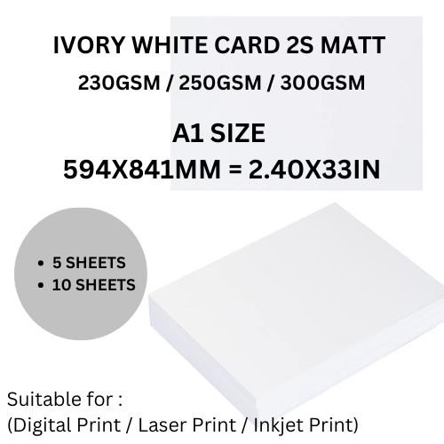 A1 SIZE - IVORY EXTRA WHITE CARD MATT 230G 250G 300G (5PCS / 10PCS ...