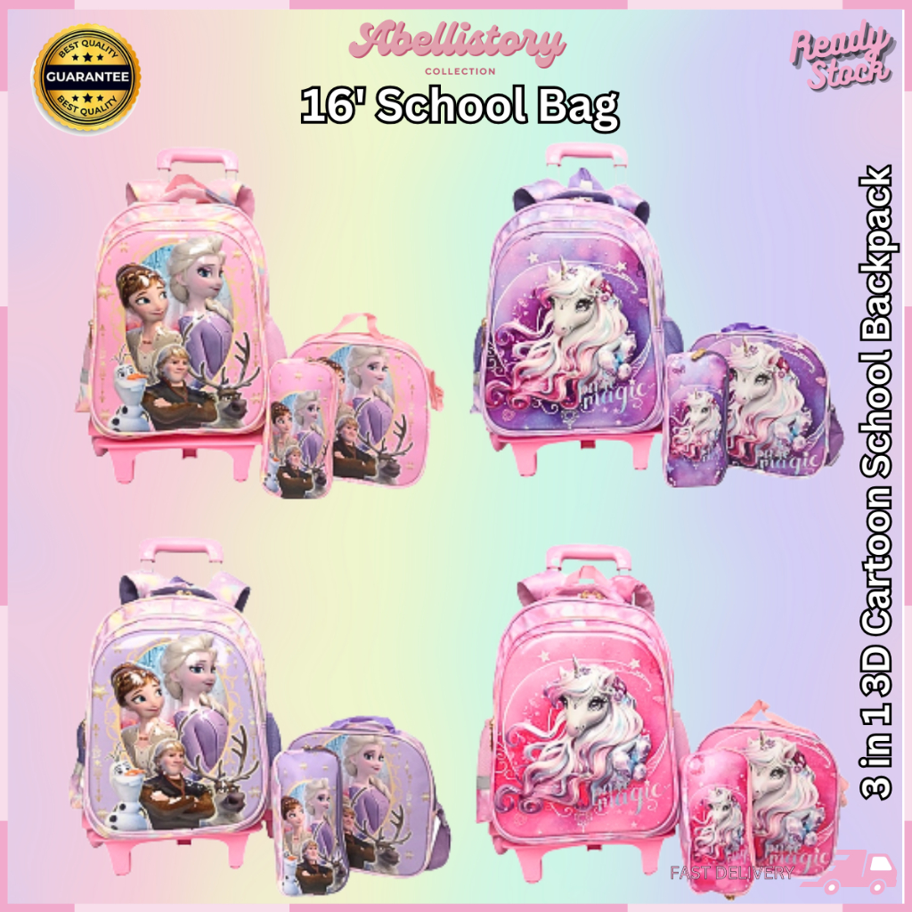 6 Wheel 3 in 1 3D Cartoon School Backpack Kids Waterproof Bagpack ...