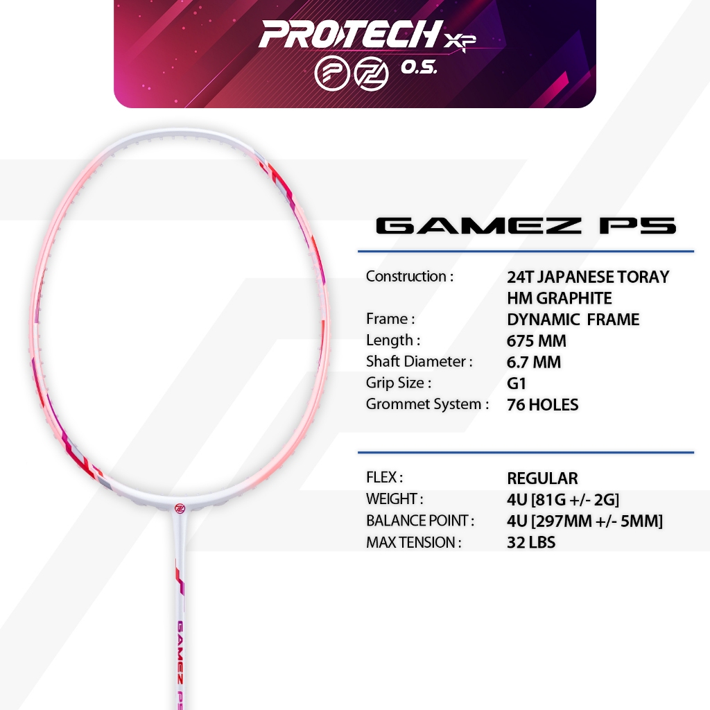 PROTECH Badminton Racket - GAMEZ P5 | 4UG1 | MAX 32lbs (FREE String ...
