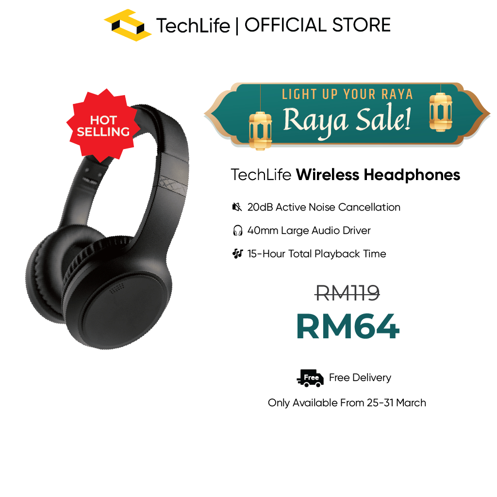 TechLife Wireless Bluetooth Headphones 20dB Active Noise Cancellation ...