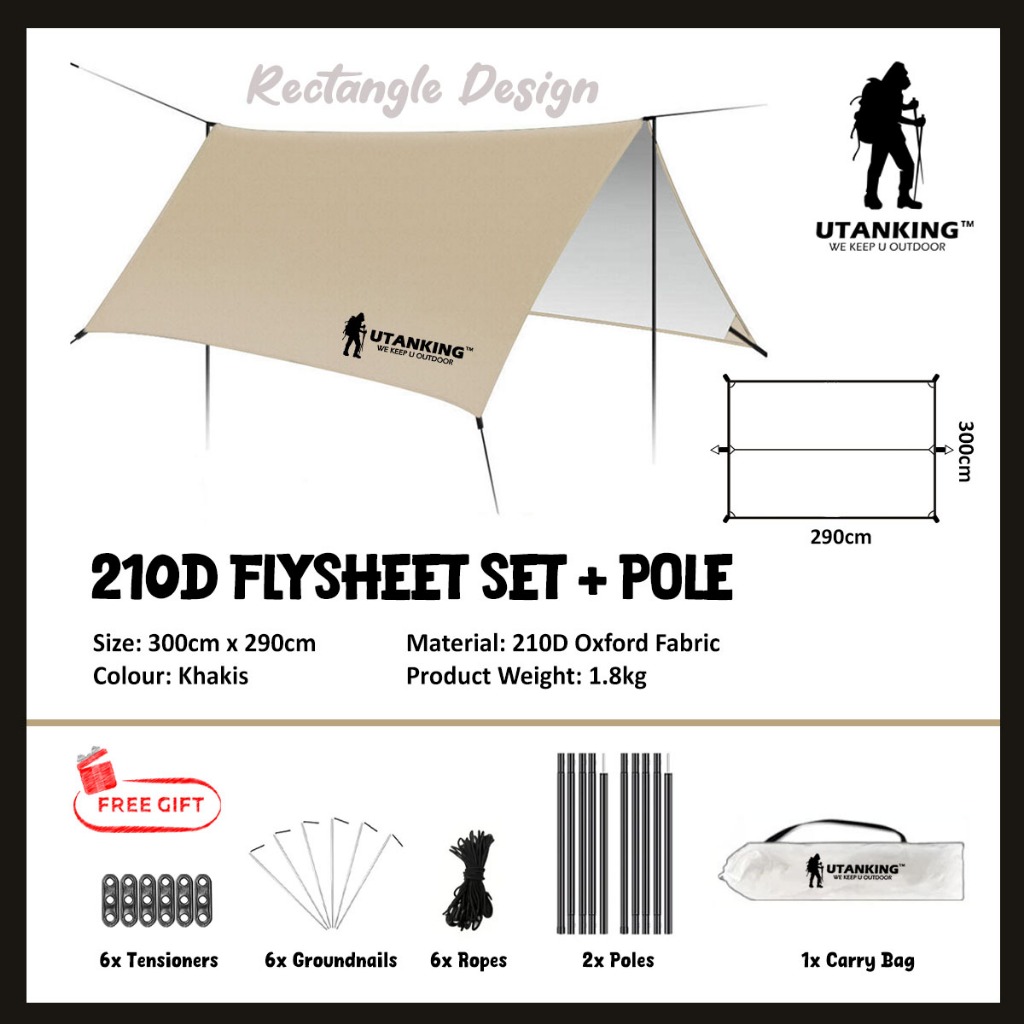 UtanKingTM Flysheet Set with Pole & Rope Camping Tarp Awning