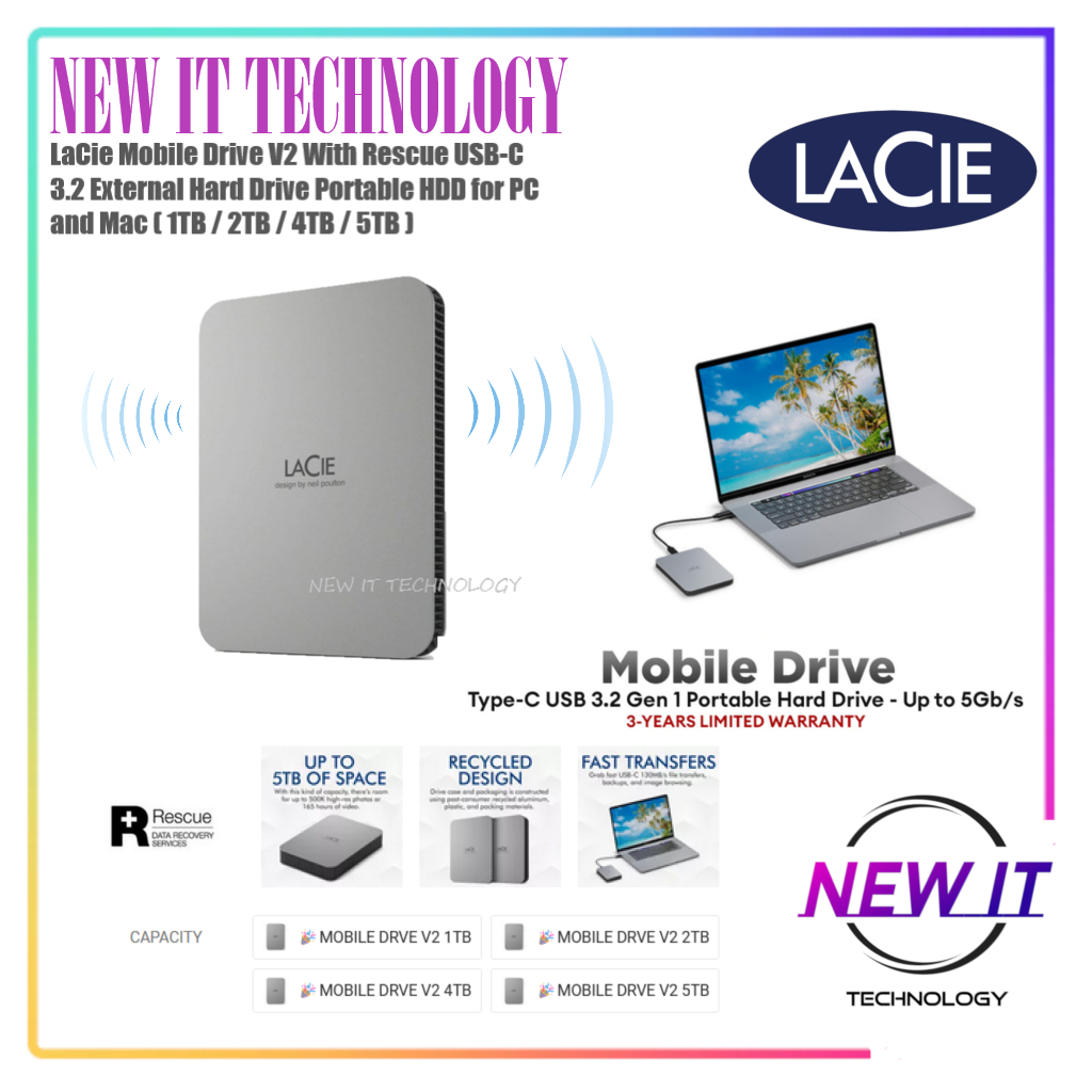LaCie Mobile Drive V2 With Rescue USB-C 3.2 External Hard Drive ...