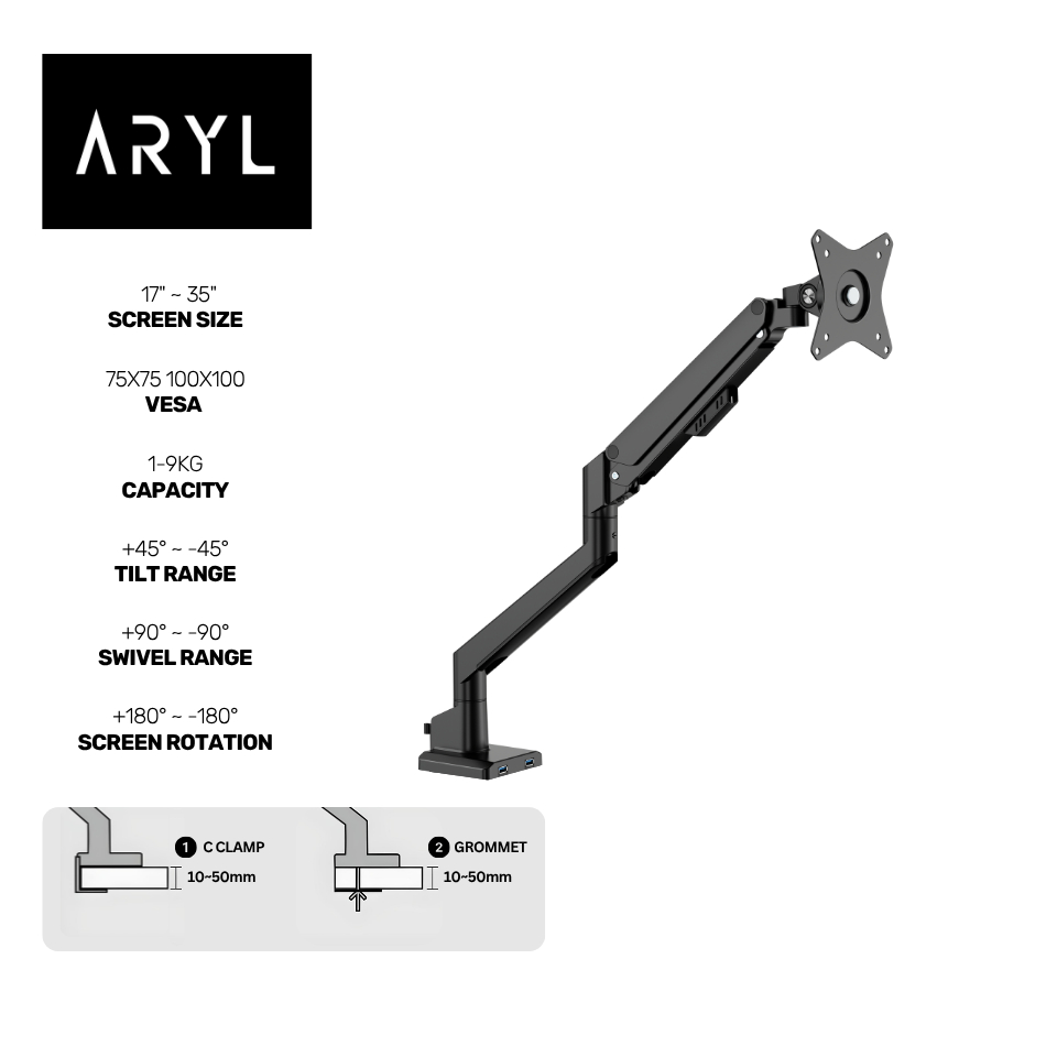 「the Aryl」 Single Monitor Thin Gas Spring Monitor Arm with USB Ports ...