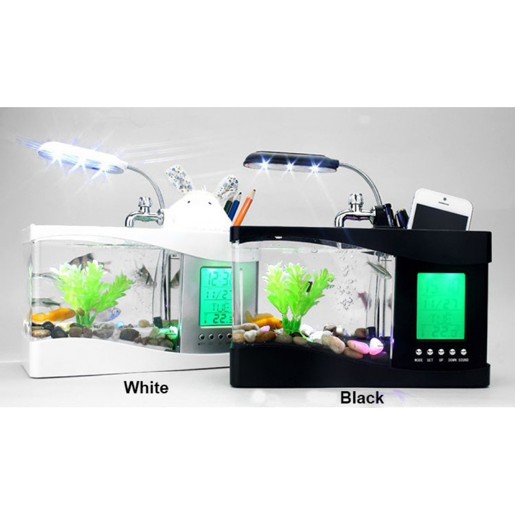 USB Fish Tank Alarm Clock with LED Desk Lamp – Mini Aquarium (White ...