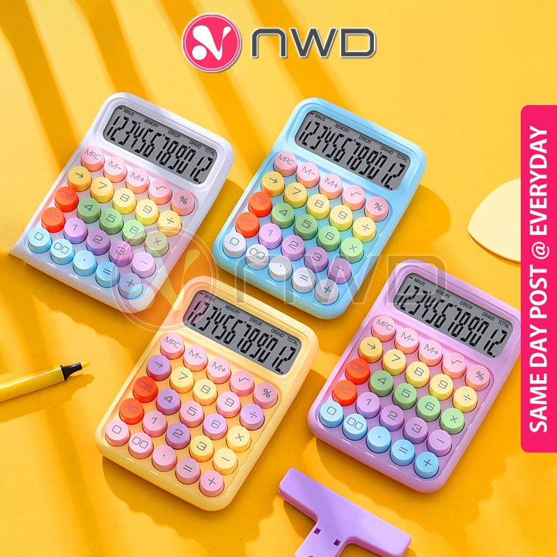 ROUND BUTTON 》12 Digits Candy Style Calculator Large Display Student ...