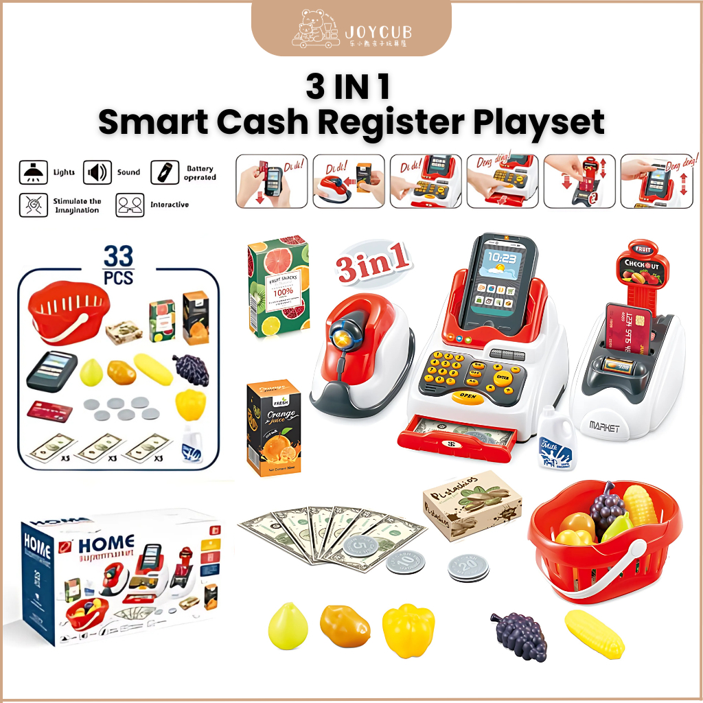 JOYCUB 3-in-1 Cash Register Machine Toy Pretend Play Cashier Machine ...