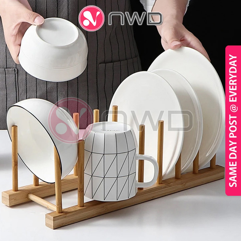 LARGE SLOT 》Kitchen Wooden Dish Drying Rack Plate Holder Drainer Rak ...
