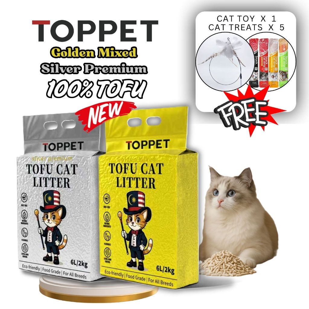 TOPPET Golden Mixed 100% tofu pasir kucing Silver Premium Tofu Cat ...